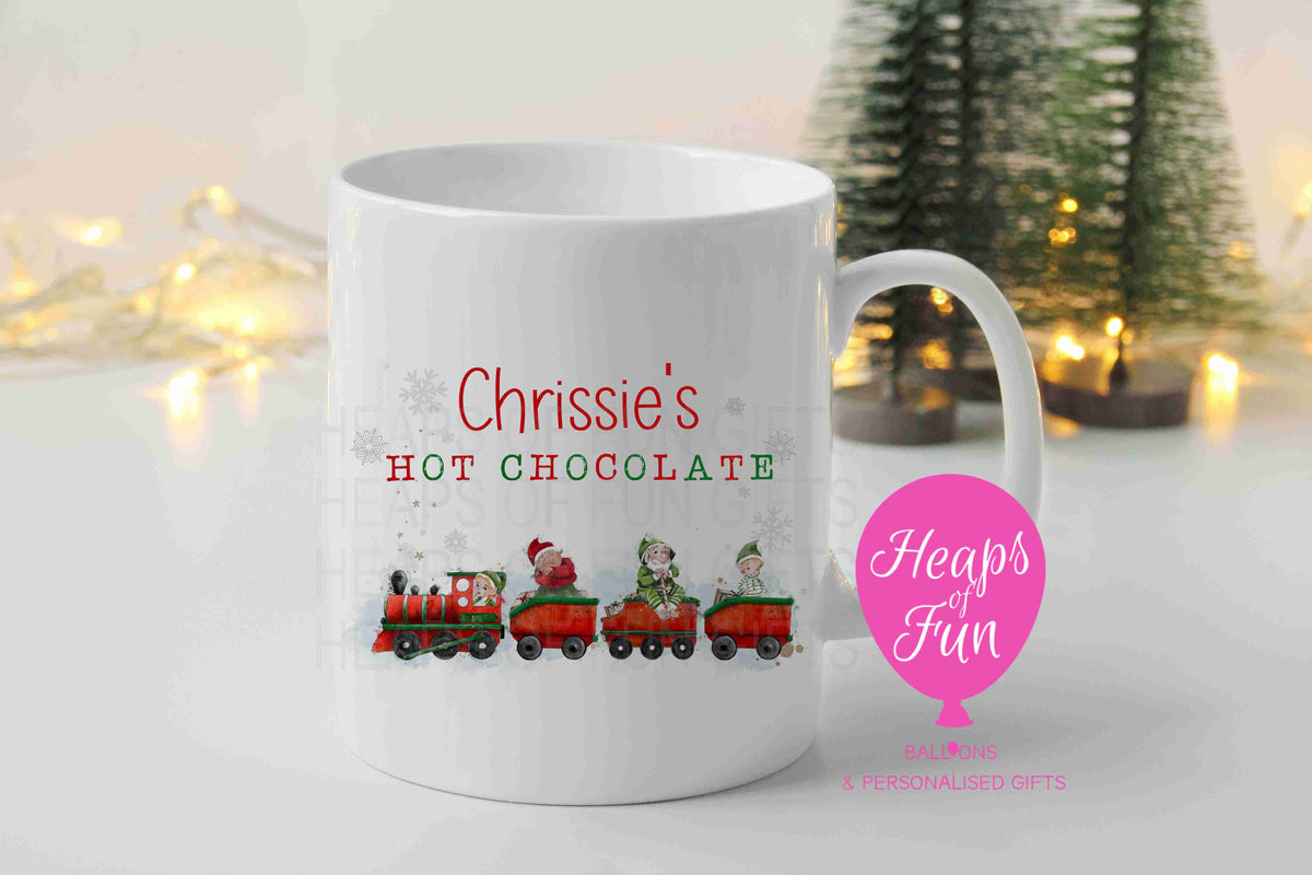Personalised hot chocolate mug with red and green elf Christmas train