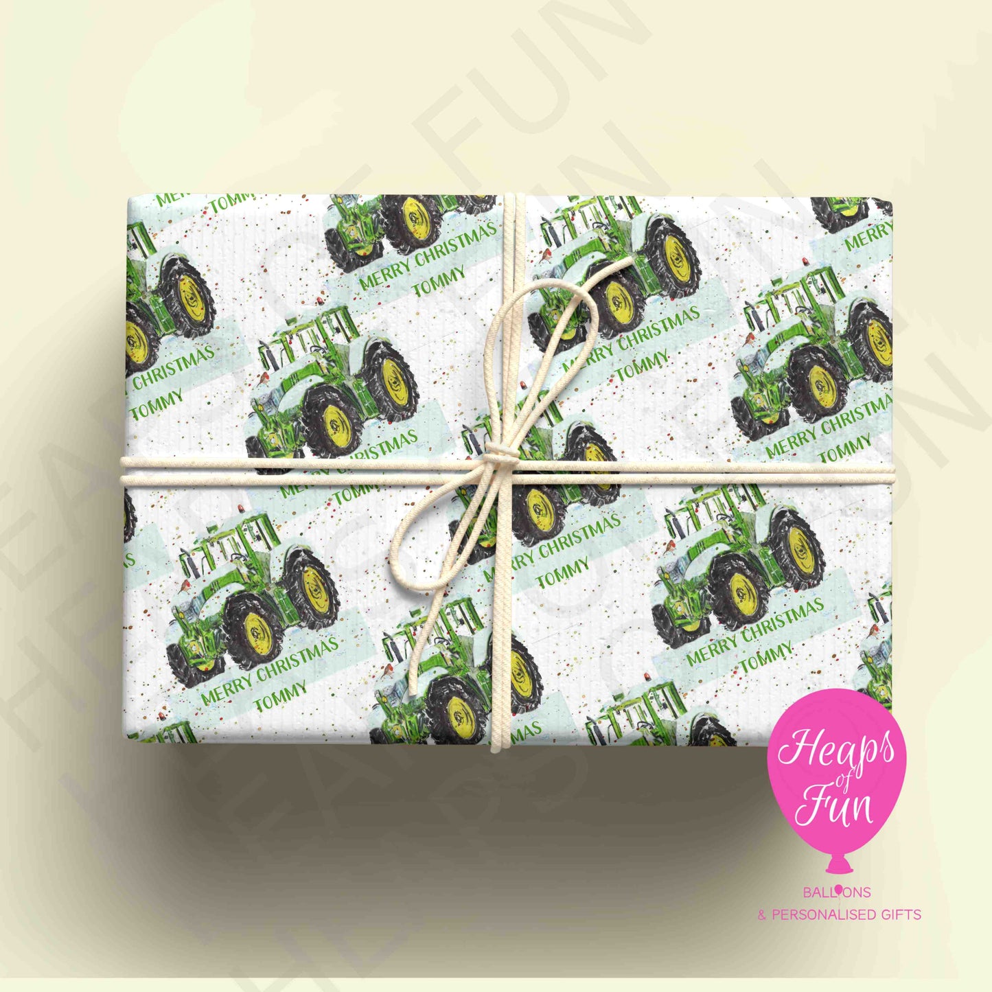 Personalised Green & Yellow Tractor Christmas Wrapping Paper – Custom Name Gift Wrap