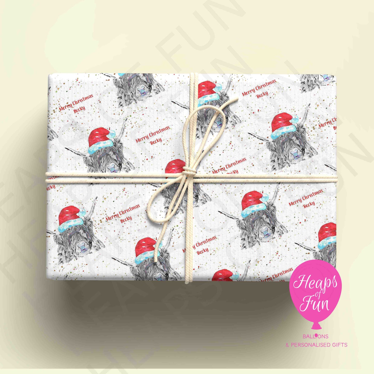 Personalised Highland Cow Christmas Wrapping Paper – Custom Name Gift Wrap