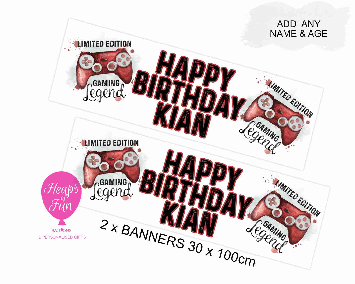 “Personalised gaming birthday banner with custom name – 30x100cm, 3 controller designs”