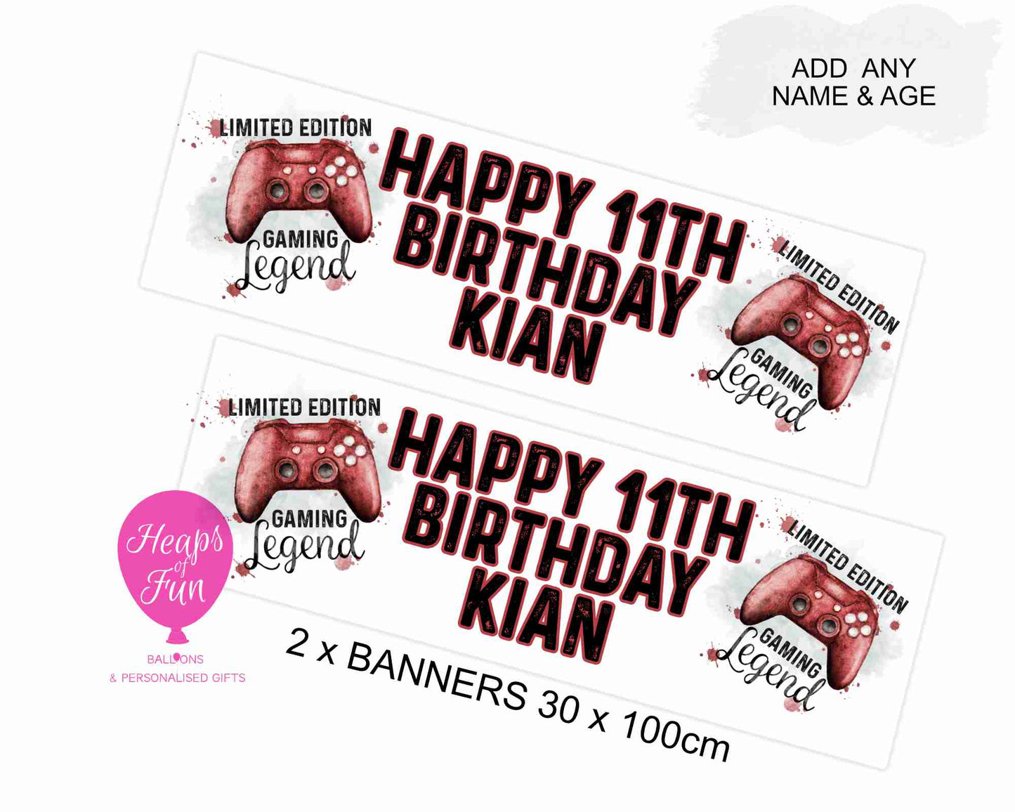 “Personalised gaming birthday banner with custom name – 30x100cm, 3 controller designs”