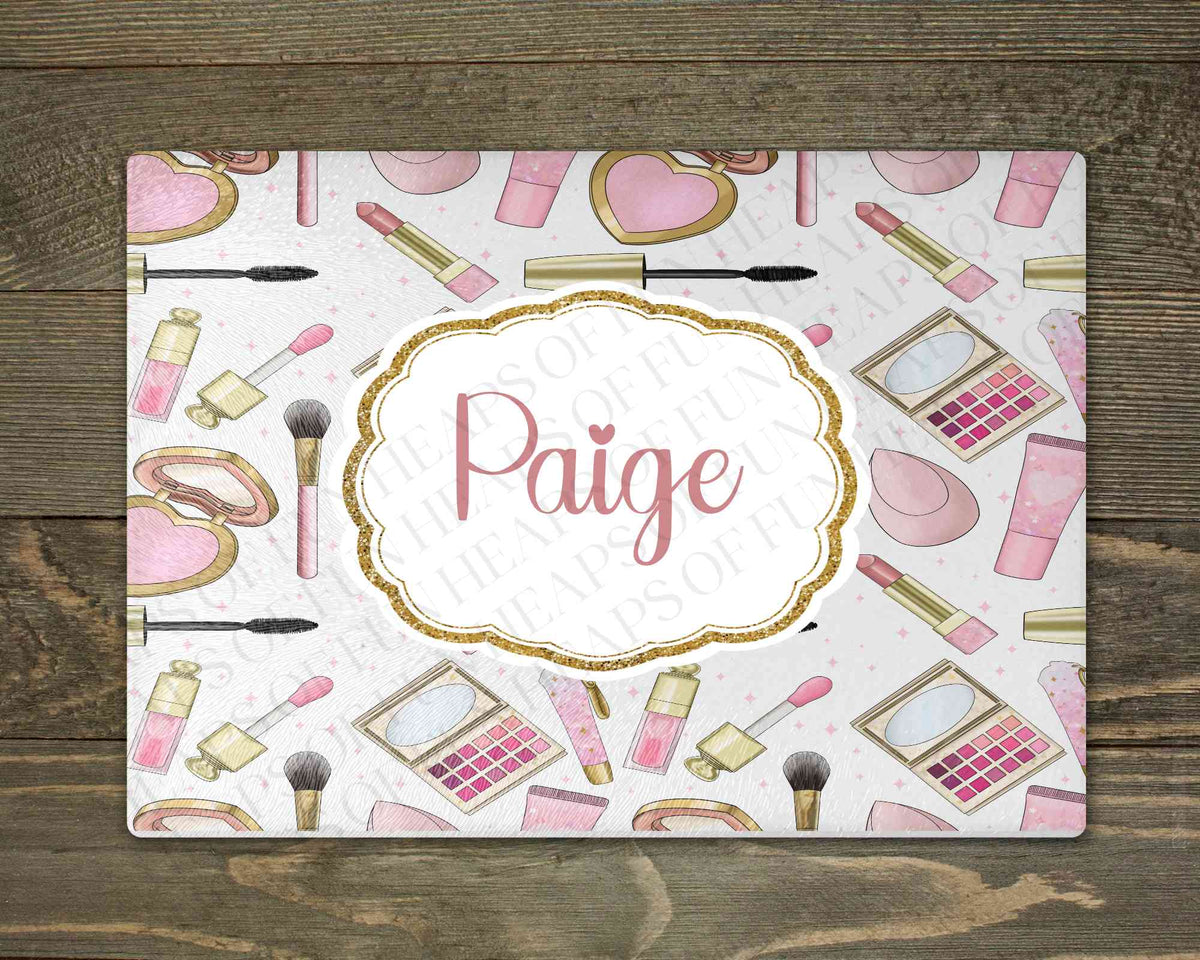 Personalised glass makeup board with pink and gold makeup print and custom name, for vanity dressing table