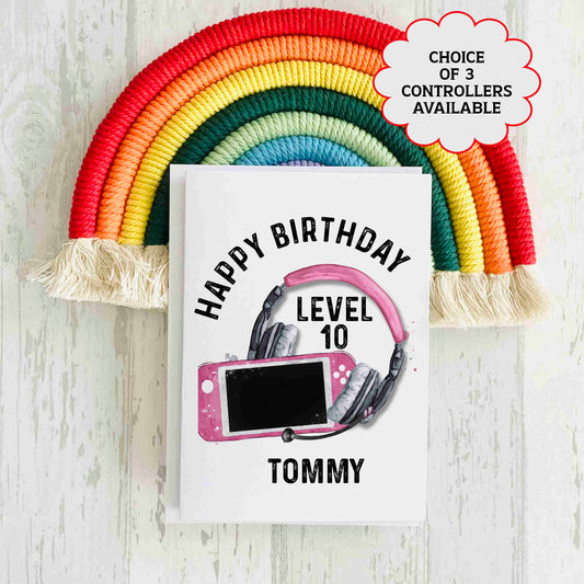 Gaming Birthday Card - Add any name and age - Pink Controller