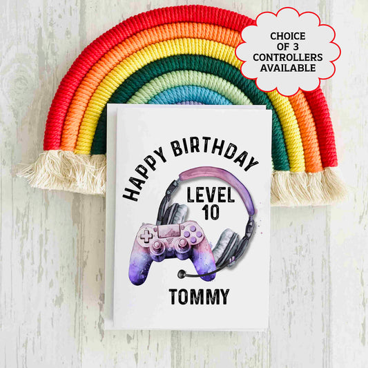 Gaming Birthday Card - Add any name and age - Purple Pink Controller