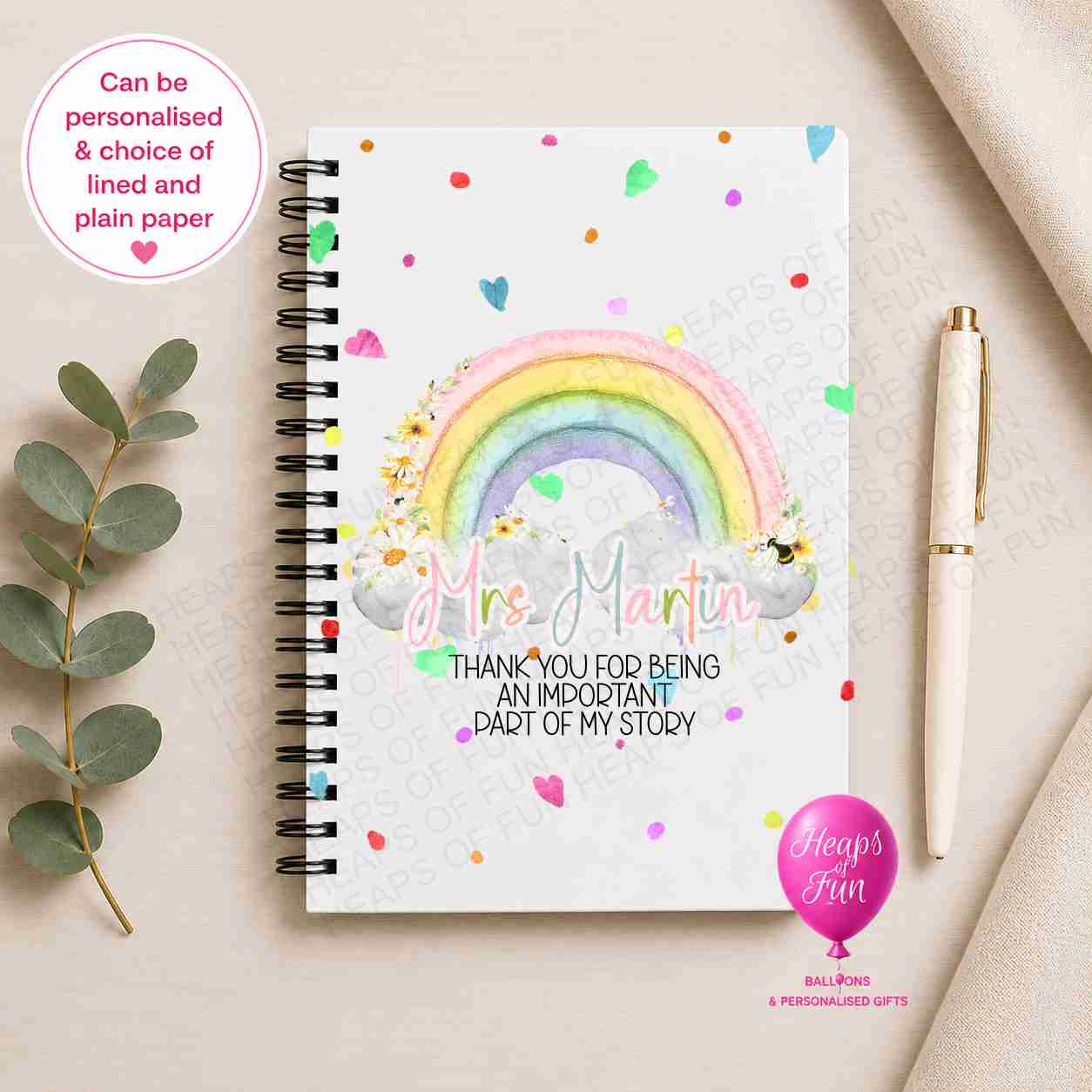 Personalised teacher notebook with colourful rainbow "Thank You for Helping Me Grow" design, customised with the teacher's name and available with lined or plain pages for a thoughtful teacher appreciation gift.