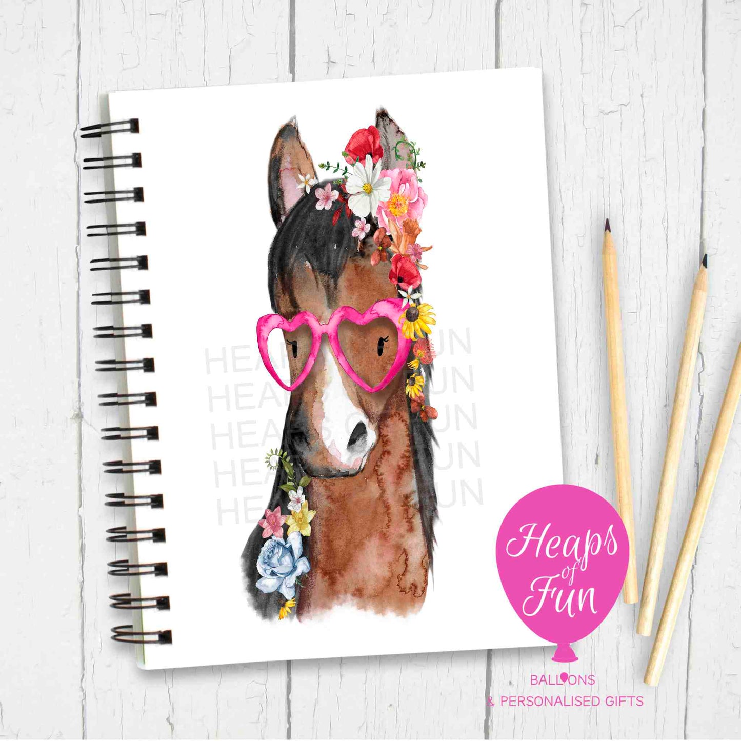 Sassy Horse Notebook – Cute Horse Journal with Pink Heart Glasses & Flowers