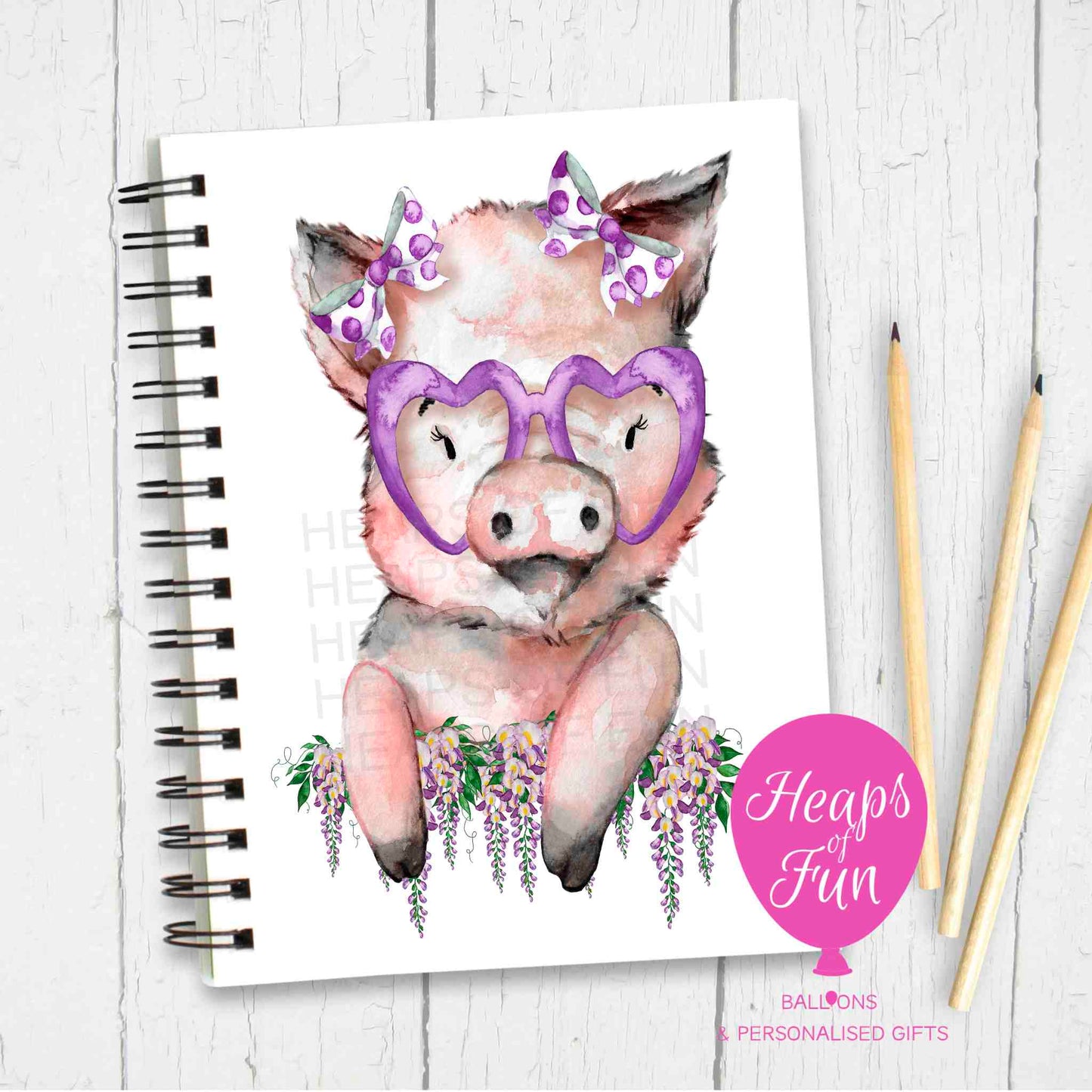 Sassy Pig Notebook – Cute Pig Journal with Purple Heart Glasses & Bows