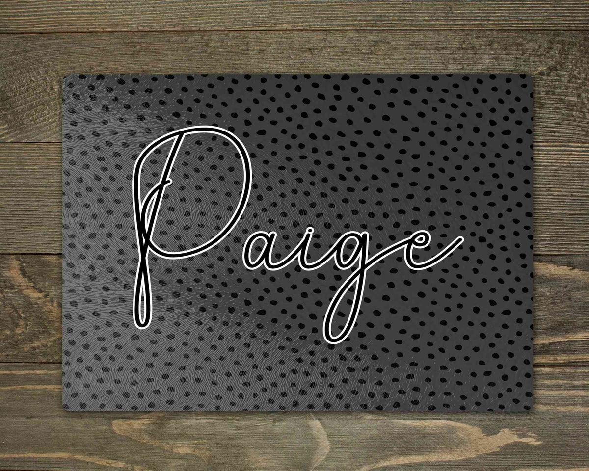 Personalised glass makeup board with grey and black spot print and script name