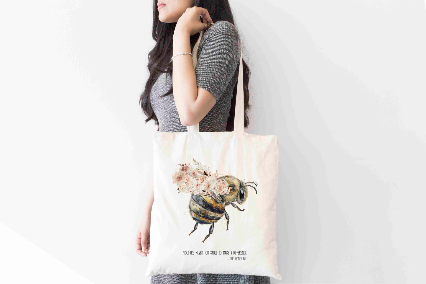 Boho Floral Bee Tote Bag – “You Are Never Too Small to Make a Difference”