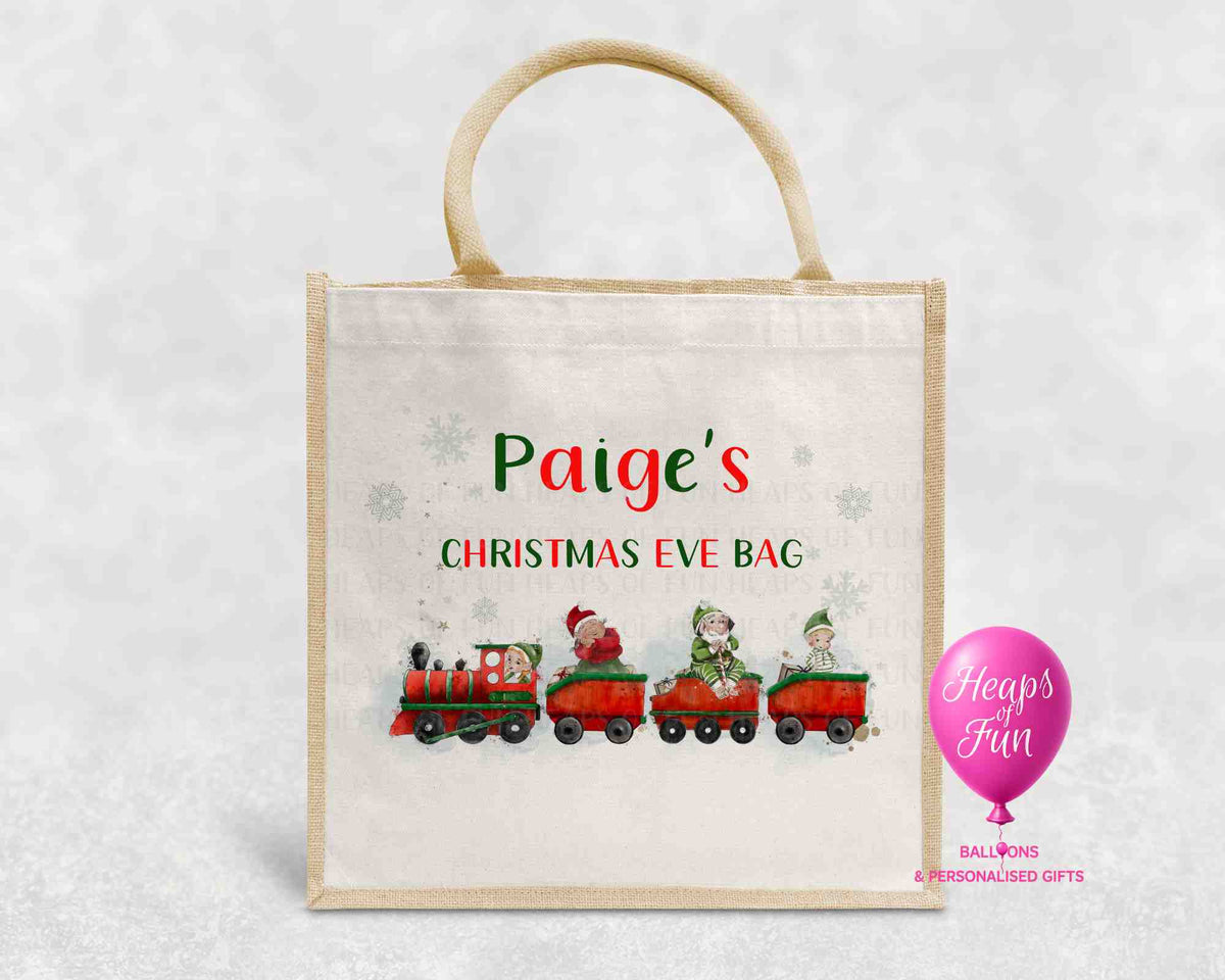 Personalised Christmas Eve bag with elves on a red and green Christmas train