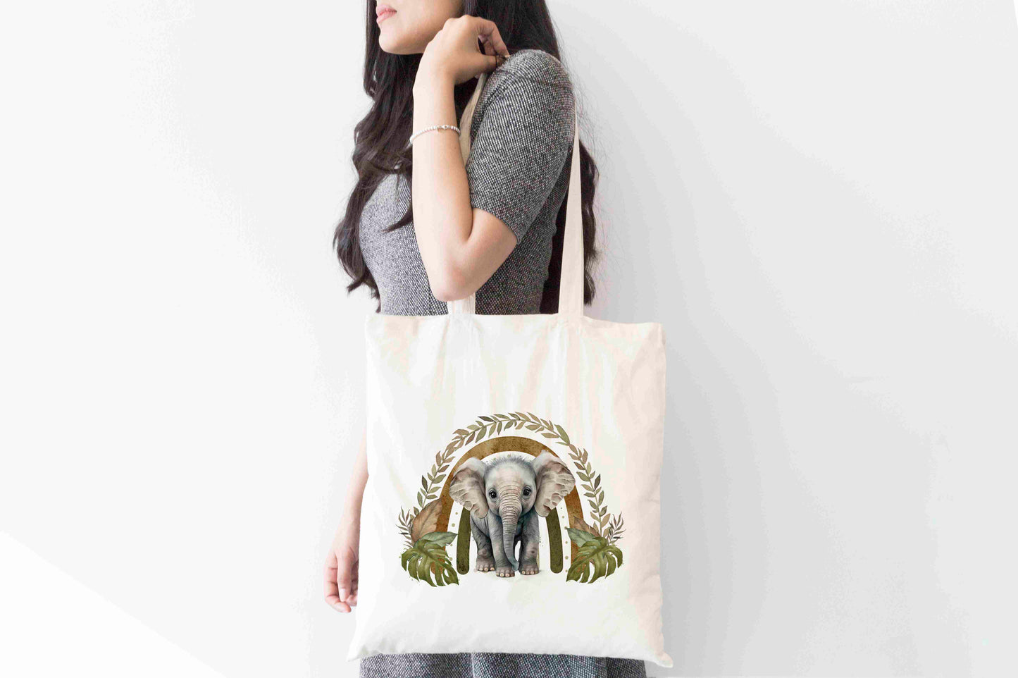 Boho Elephant Tote Bag – Rustic Rainbow Jungle Animal Design