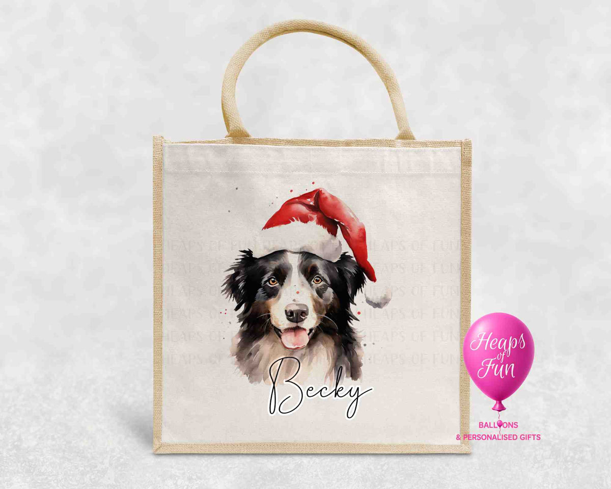 Personalised Christmas jute bag with watercolour Border Collie in Santa hat and name