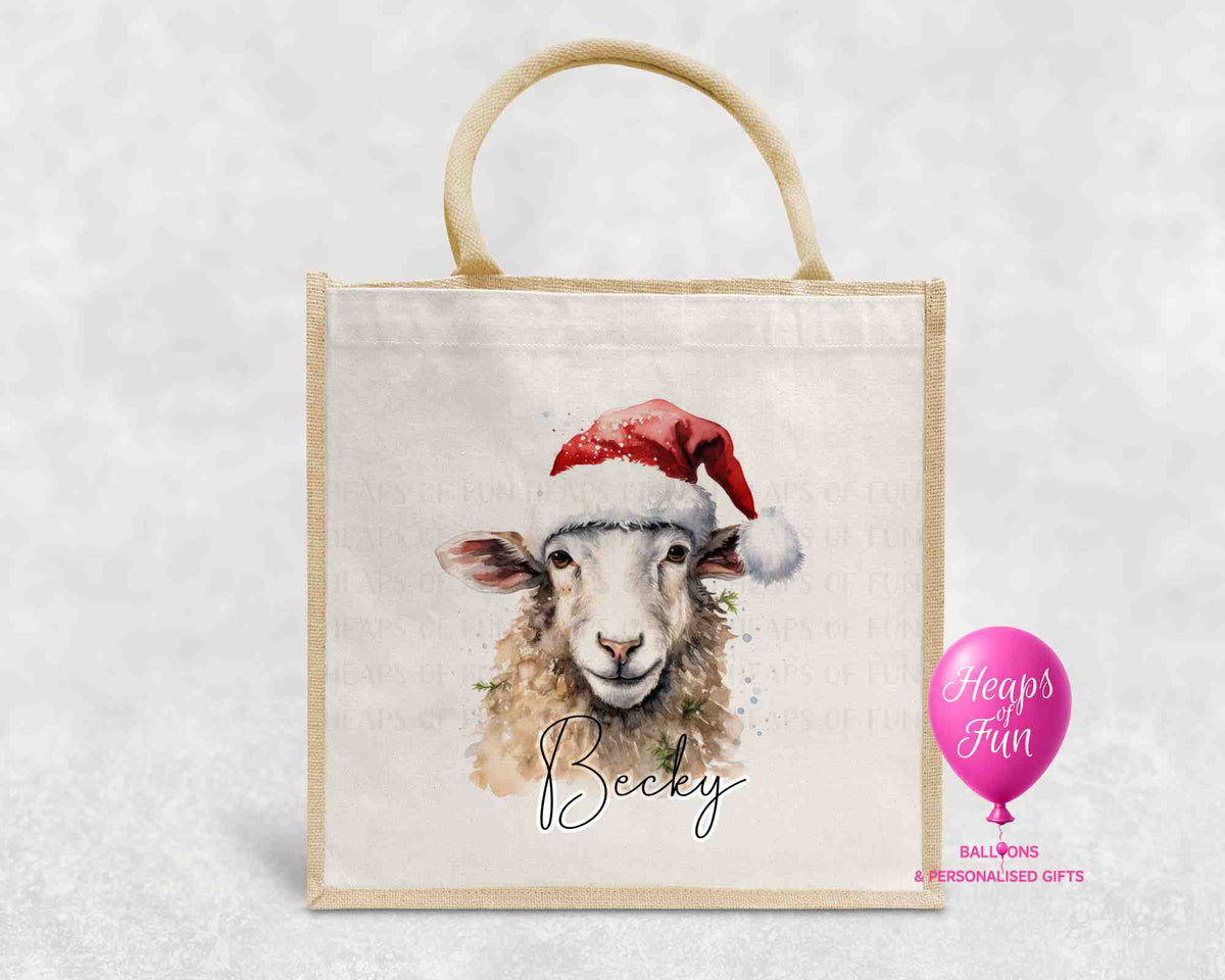 Personalised Christmas jute bag with watercolour sheep in Santa hat and name