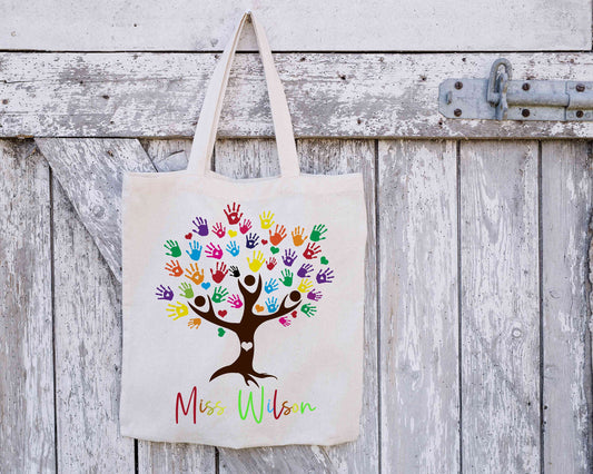 Personalised Rainbow Handprint Tree Teacher Tote Bag, Teacher Thank You Gift,
