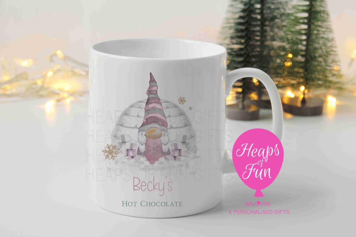Personalised hot chocolate mug with pink striped girl gnome, igloo and marshmallows