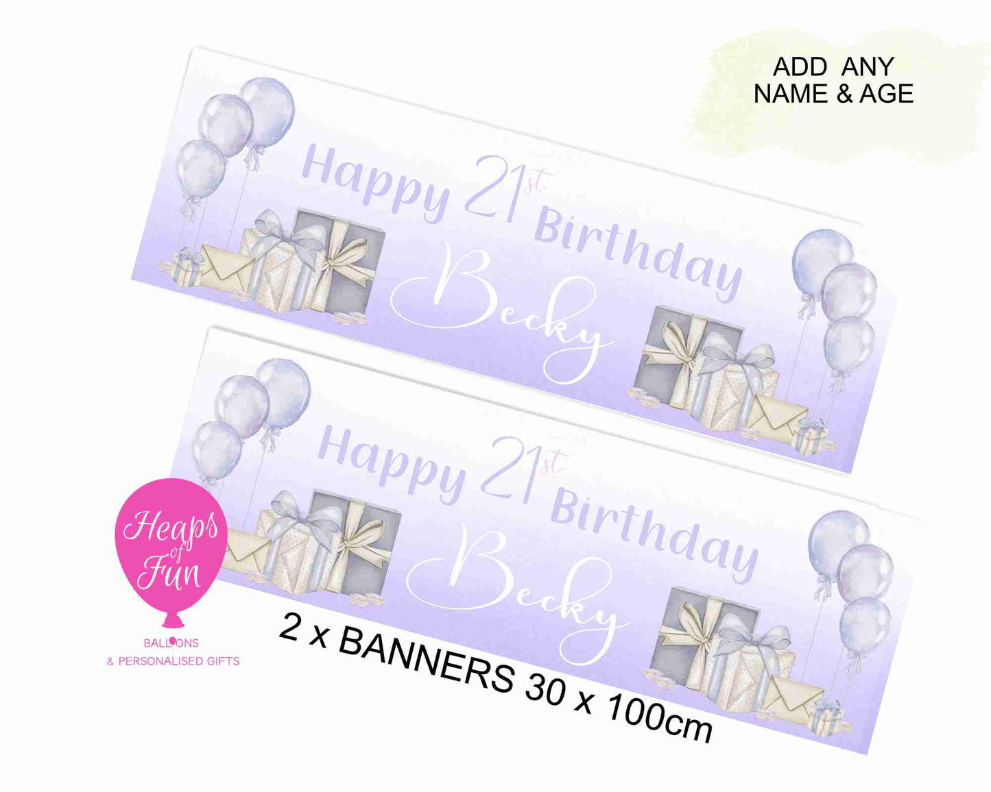 “Purple balloon and present themed personalised banner – perfect for 18th, 21st, 30th birthdays”