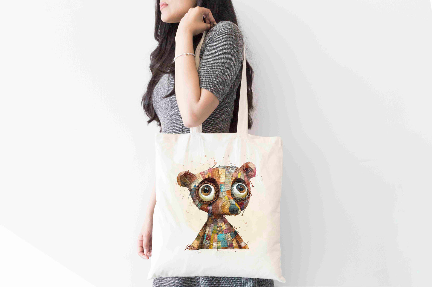 Quirky Patchwork Bear Tote Bag – Whimsical Colourful Animal Design