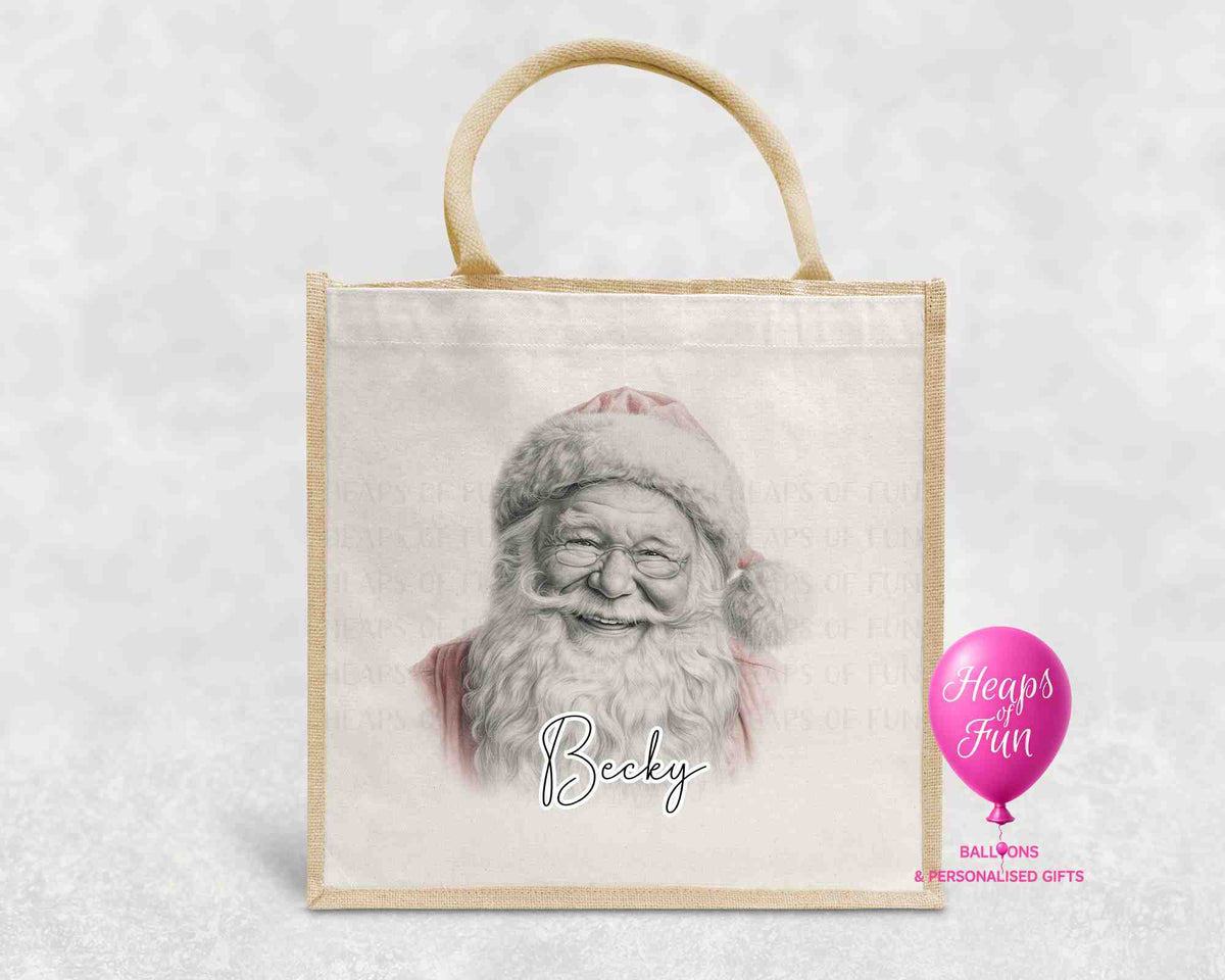Personalised Christmas jute bag with vintage pencil sketch Santa portrait and name