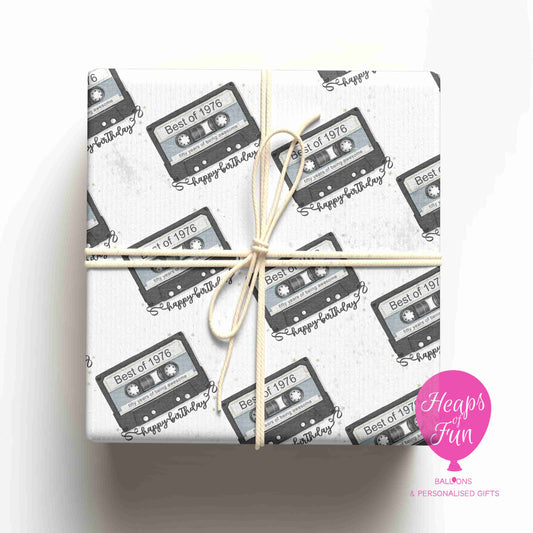 1976 Birthday Wrapping Paper – Best of 1976 Gift Wrap – 50th Birthday Retro Cassette Wrapping Paper