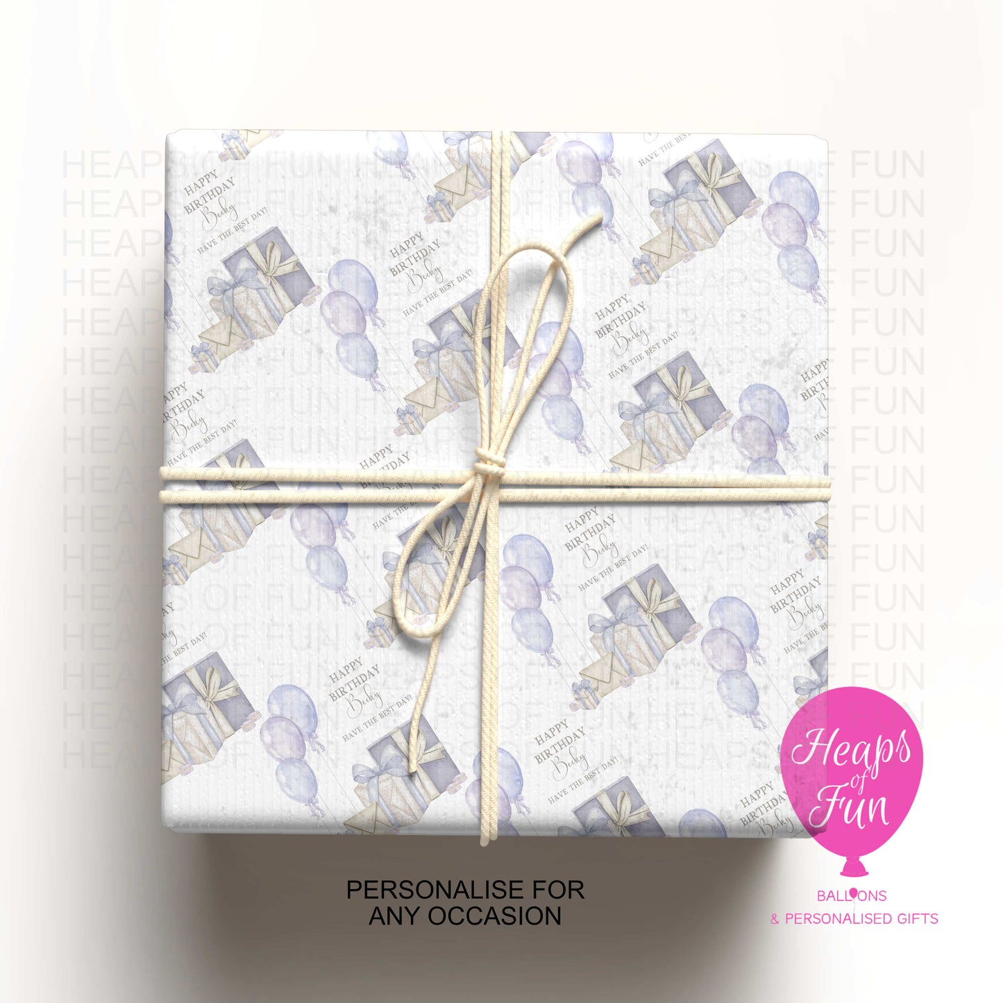Personalised Birthday Wrapping Paper – Balloons & Gifts Design