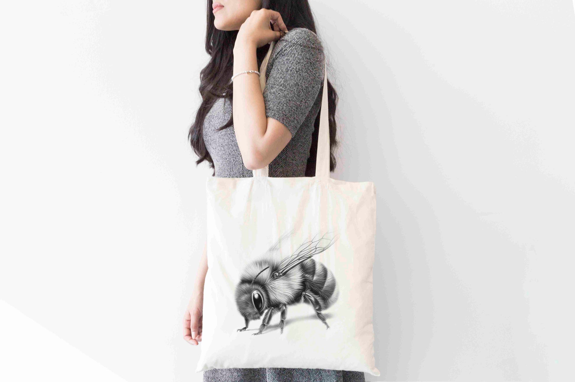 Hand-drawn sketchy bee print on eco-friendly tote bag