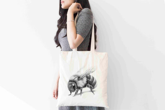 Hand-drawn sketchy bee print on eco-friendly tote bag