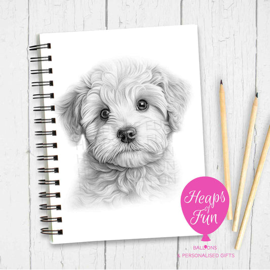 Cute Bichon Frise dog illustration on white notebook cover