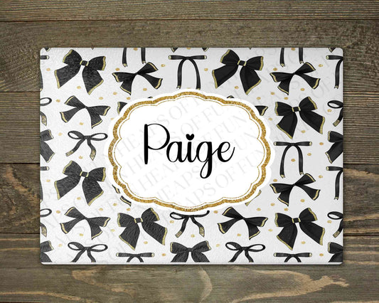Personalised glass makeup board with black and gold bows and custom name