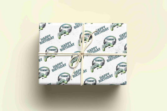 Personalised Gaming Wrapping Paper - Blue & Green - Various Controllers