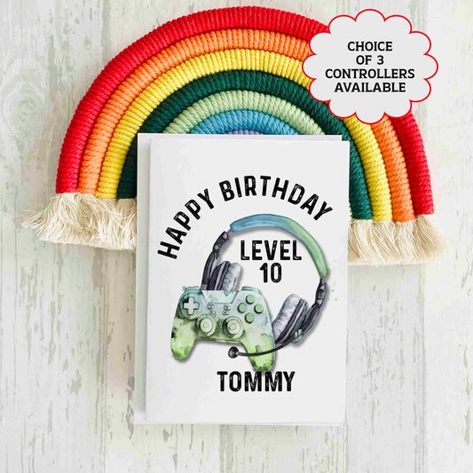 Gaming Birthday Card - Add any name and age - Blue Green Controller
