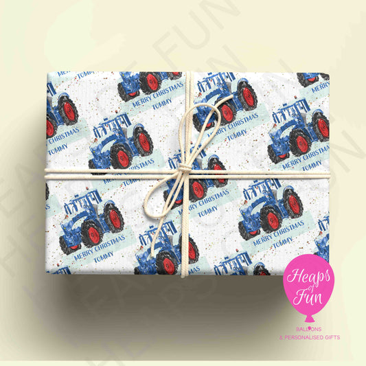 Personalised Blue Tractor Christmas Wrapping Paper – Custom Name Gift Wrap