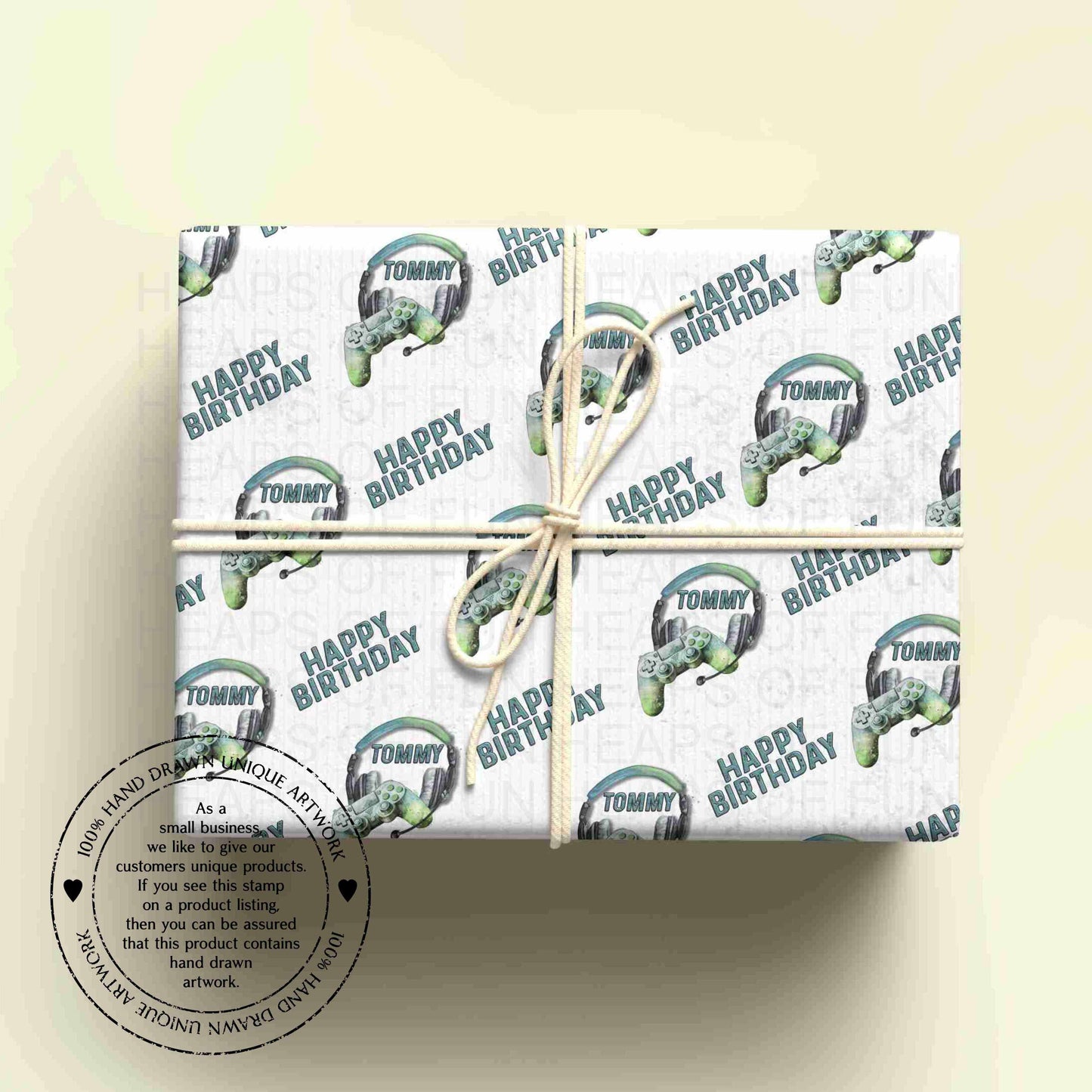 Personalised Gaming Birthday Wrapping Paper – Gamer Gift Wrap with Name – Video Game Wrapping Paper for Kids & Teens - GREEN/BLUE