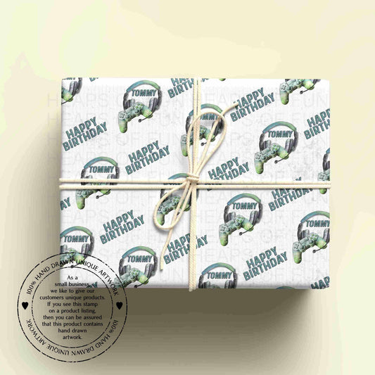 Personalised Gaming Birthday Wrapping Paper – Gamer Gift Wrap with Name – Video Game Wrapping Paper for Kids & Teens - GREEN/BLUE