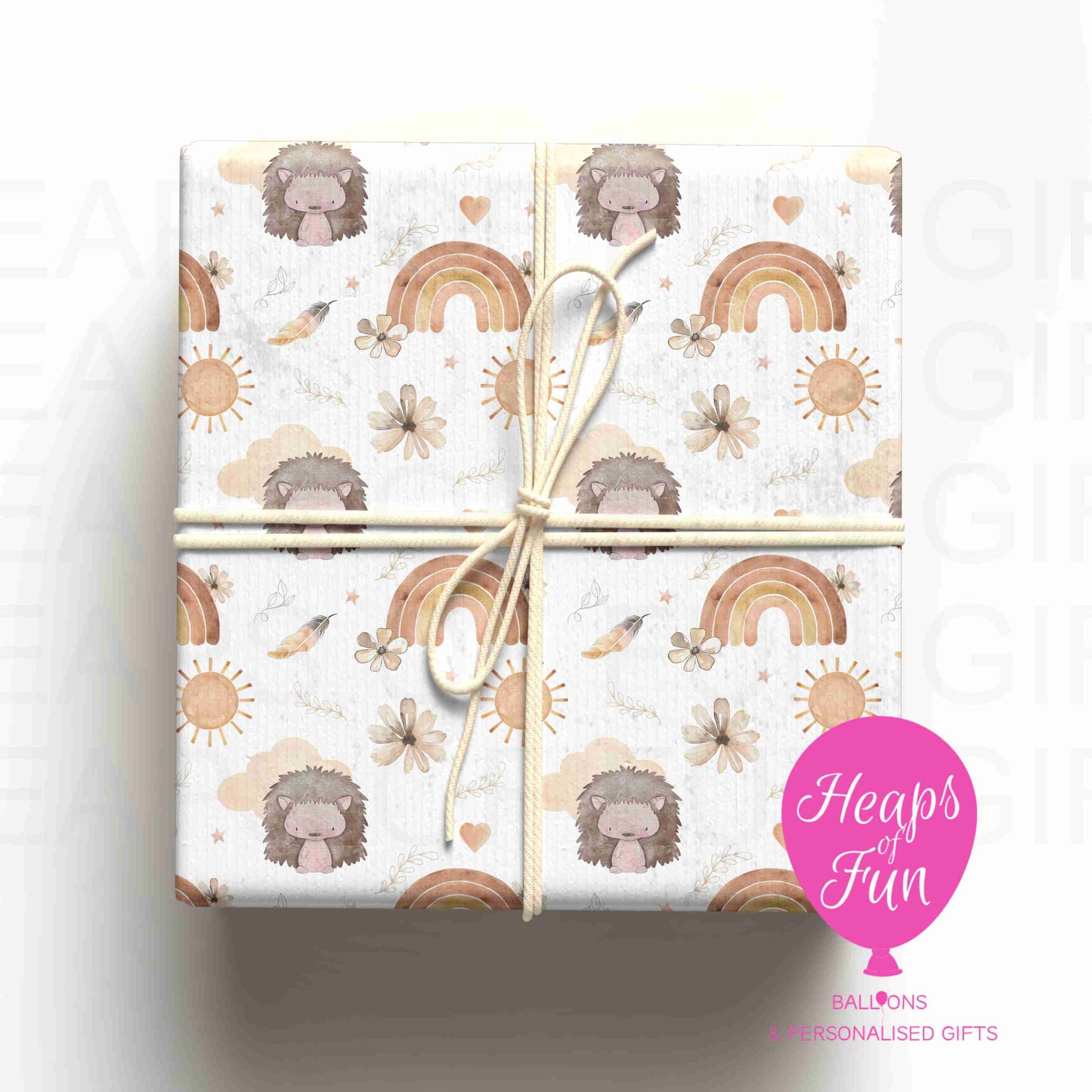 Boho Hedgehog Wrapping Paper – Woodland Baby Gift Wrap – Neutral Baby Shower Wrapping Paper with Rainbow Design