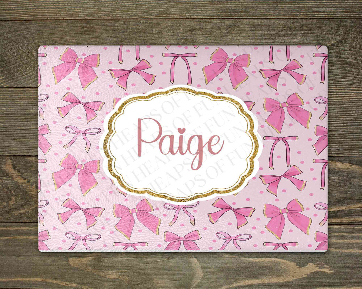 Personalised glass makeup board with pink and gold bows and custom name