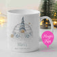 Personalised hot chocolate mug with grey striped gnome, igloo and marshmallows