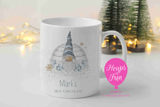 Personalised hot chocolate mug with grey striped gnome, igloo and marshmallows