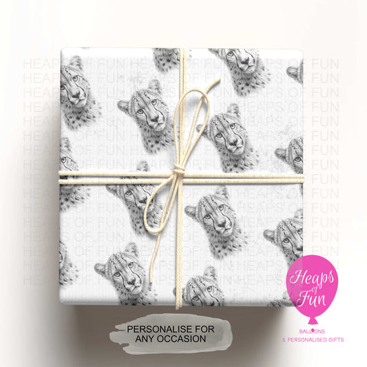 Personalised Cheetah Wrapping Paper –Custom Name Gift Wrap for Birthday, Retirement ,  & Any Special Occasion,   Animal Gift Wrap , From £2.99