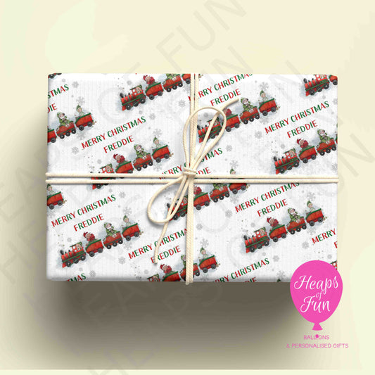 Personalised Christmas Train Wrapping Paper – Custom Name Gift Wrap