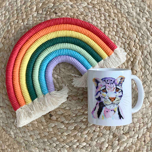 Clouded Leopard 11oz Ceramic Mug – Rainbow-Coloured Animal Design