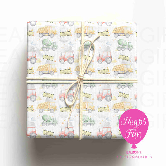 Construction Wrapping Paper – Digger & Truck Gift Wrap – Kids Birthday Wrapping Paper – Vehicle Gift Wrap for Boys & Girls