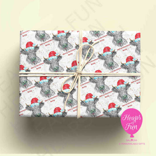 Personalised Cow Christmas Wrapping Paper – Custom Name Gift Wrap