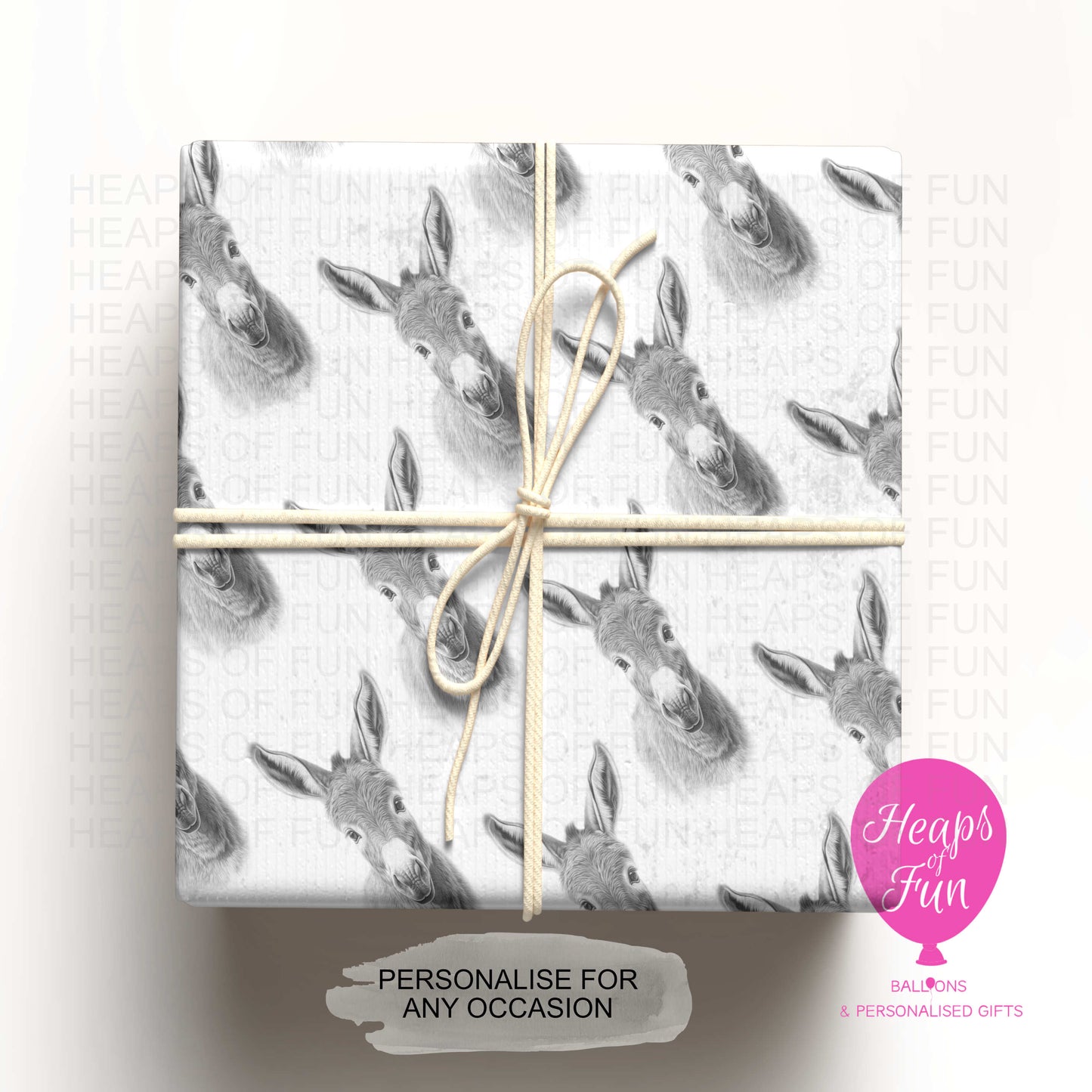 Personalised donkey wrapping paper with custom name farm animal gift wrap design