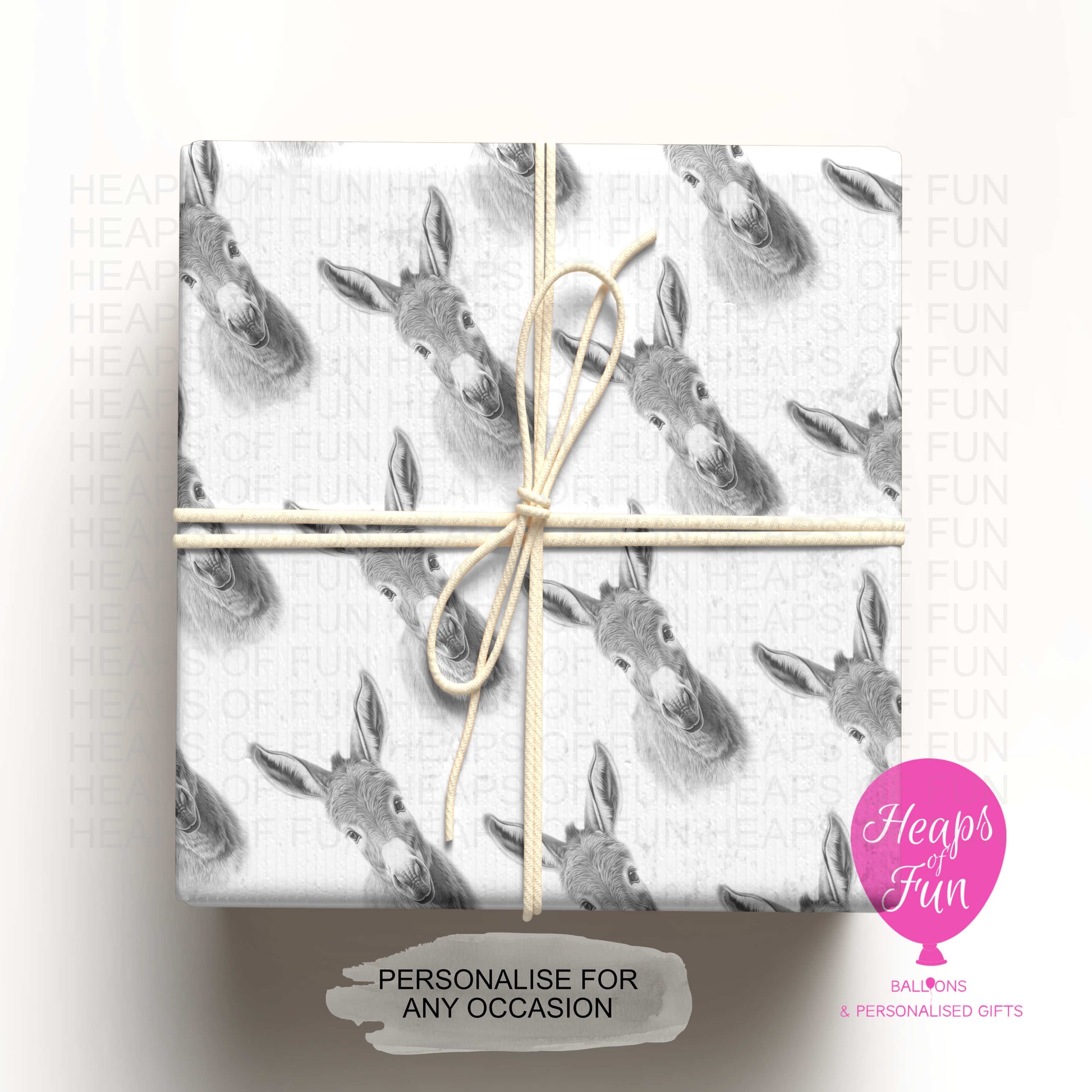 Personalised donkey wrapping paper with custom name farm animal gift wrap design