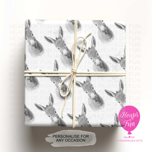 Personalised donkey wrapping paper with custom name farm animal gift wrap design