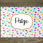 Personalised glass makeup board with rainbow polka dots and custom name