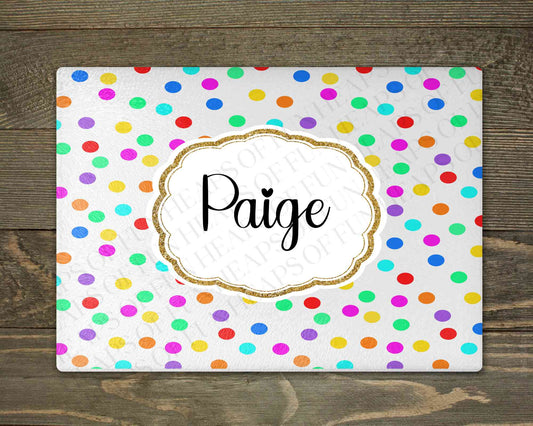 Personalised glass makeup board with rainbow polka dots and custom name