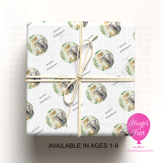 Personalised Elephant Wrapping Paper – Custom Age Birthday Gift Wrap for Kids – Jungle Animal Party Paper