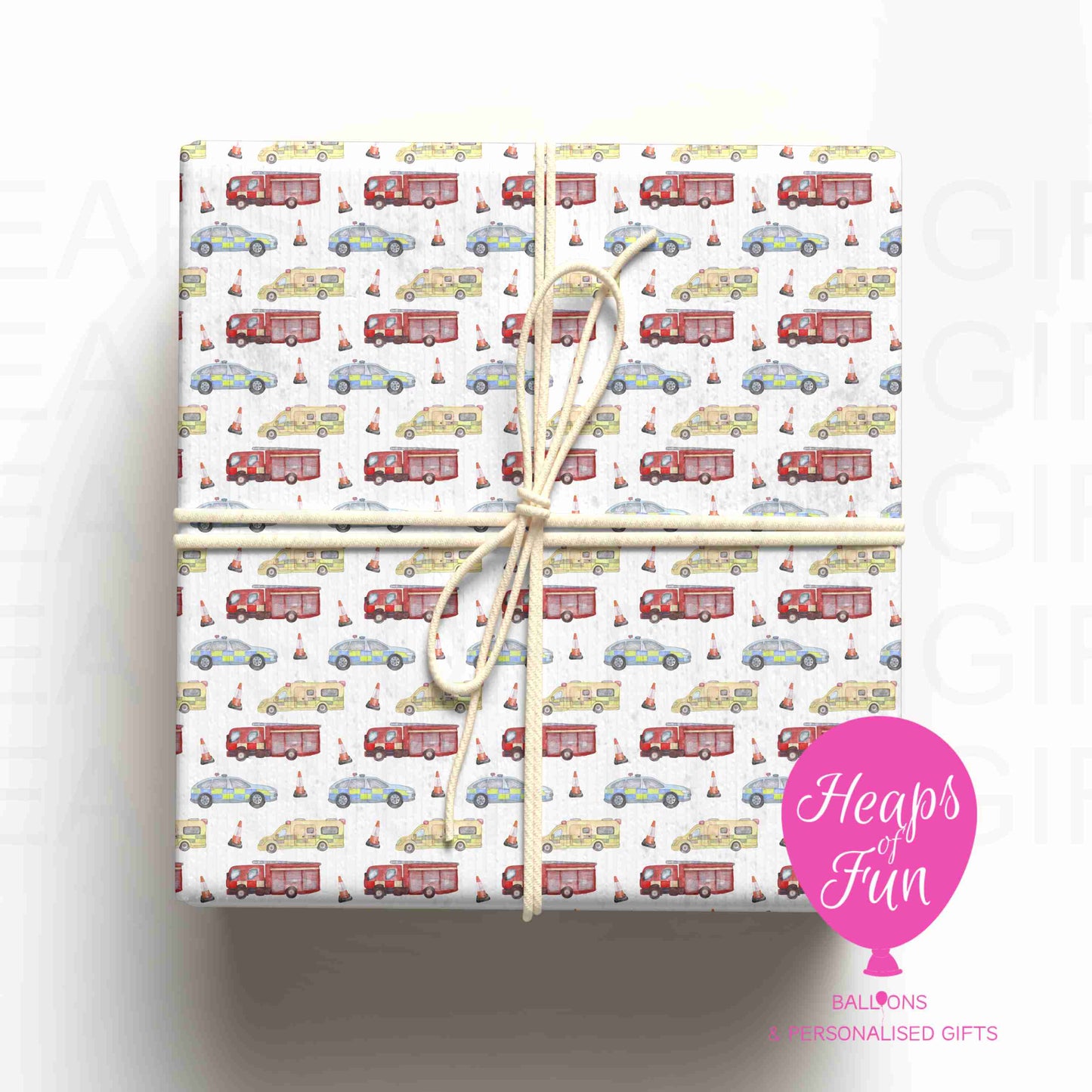 Emergency Services Wrapping Paper – Fire Engine, Police & Ambulance Gift Wrap – Kids Birthday Wrapping Paper for Boys & Girls