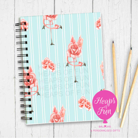 Fancy Flamingo Notebook – Pink Floral Flamingo Journal on Blue Stripes